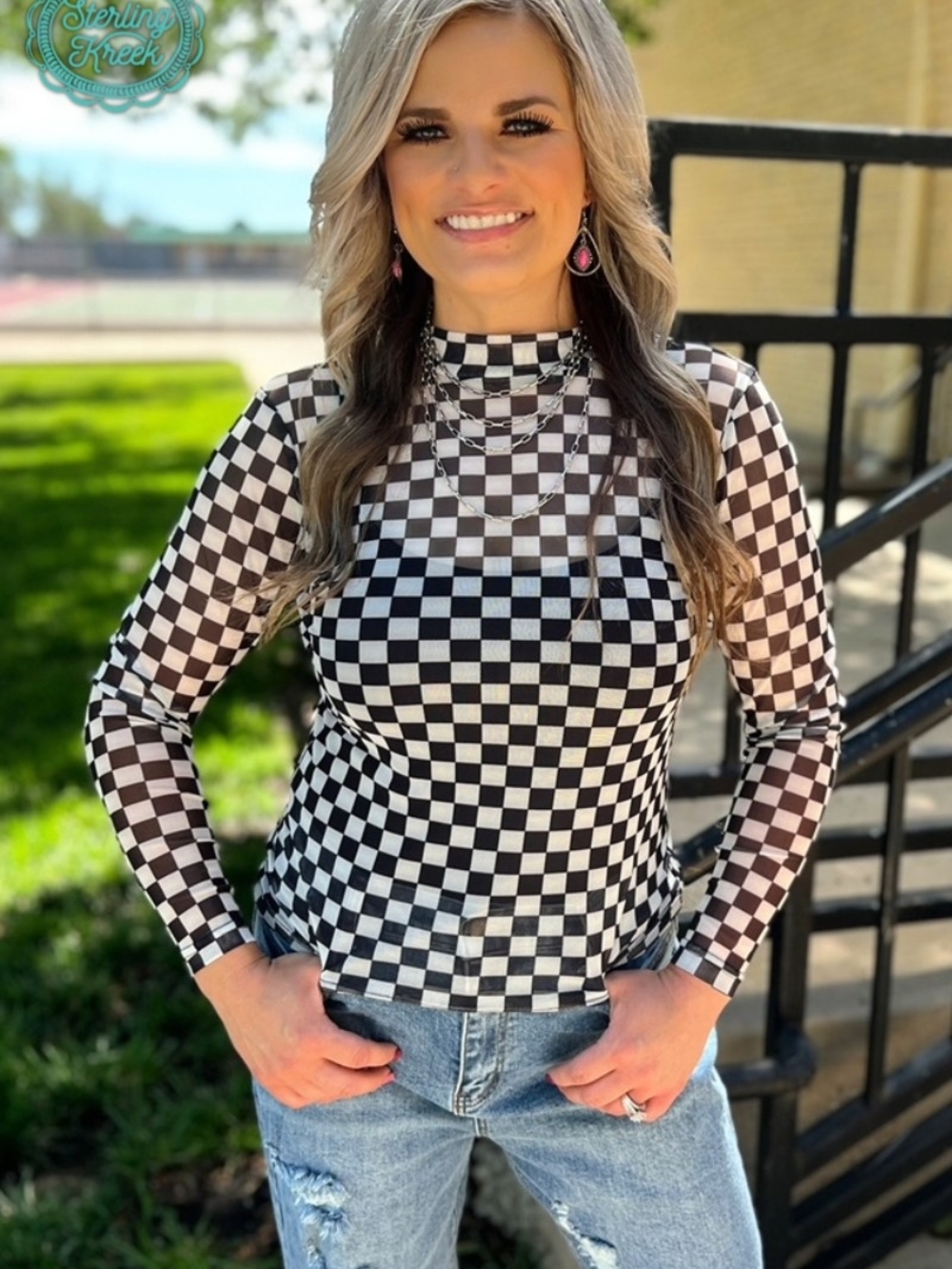 Checkerboard Mesh Long-Sleeve Top by Sterling Kreek